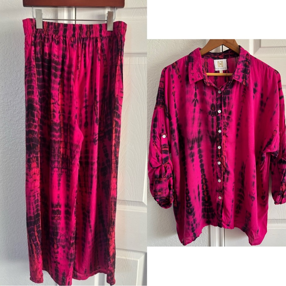 Heidi Houston Tie Dye Wide Leg Elastic Waist Pants Long Sleeve Top Set‎ Size L